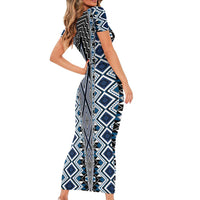 Blue Aotearoa Tukutuku and Poutama Motif Family Matching Short Sleeve Bodycon Dress and Hawaiian Shirt LT03 - Polynesian Pride