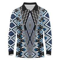 Blue Aotearoa Tukutuku and Poutama Motif Long Sleeve Polo Shirt