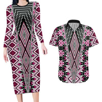 Pink Aotearoa Tukutuku and Poutama Motif Couples Matching Long Sleeve Bodycon Dress and Hawaiian Shirt LT03 Pink - Polynesian Pride
