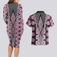 Pink Aotearoa Tukutuku and Poutama Motif Couples Matching Long Sleeve Bodycon Dress and Hawaiian Shirt LT03 - Polynesian Pride