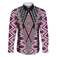 Pink Aotearoa Tukutuku and Poutama Motif Family Matching Long Sleeve Bodycon Dress and Hawaiian Shirt LT03 Dad's Shirt - Long Sleeve Pink - Polynesian Pride