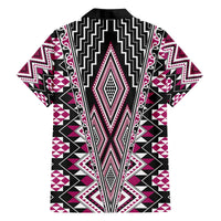 Pink Aotearoa Tukutuku and Poutama Motif Family Matching Off The Shoulder Long Sleeve Dress and Hawaiian Shirt LT03 - Polynesian Pride