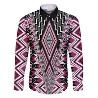 Pink Aotearoa Tukutuku and Poutama Motif Family Matching Short Sleeve Bodycon Dress and Hawaiian Shirt LT03 Dad's Shirt - Long Sleeve Pink - Polynesian Pride