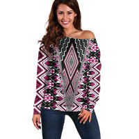 Pink Aotearoa Tukutuku and Poutama Motif Off Shoulder Sweater LT03 Women Pink - Polynesian Pride