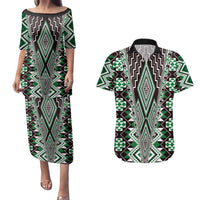 Green Aotearoa Tukutuku and Poutama Motif Couples Matching Puletasi and Hawaiian Shirt LT03 Green - Polynesian Pride