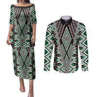 Green Aotearoa Tukutuku and Poutama Motif Couples Matching Puletasi and Long Sleeve Button Shirt LT03 Green - Polynesian Pride