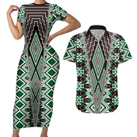 Green Aotearoa Tukutuku and Poutama Motif Couples Matching Short Sleeve Bodycon Dress and Hawaiian Shirt LT03 Green - Polynesian Pride