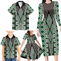 Green Aotearoa Tukutuku and Poutama Motif Family Matching Long Sleeve Bodycon Dress and Hawaiian Shirt LT03 - Polynesian Pride