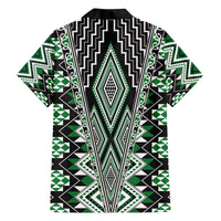 Green Aotearoa Tukutuku and Poutama Motif Family Matching Off The Shoulder Long Sleeve Dress and Hawaiian Shirt LT03 - Polynesian Pride