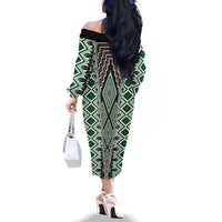 Green Aotearoa Tukutuku and Poutama Motif Family Matching Off The Shoulder Long Sleeve Dress and Hawaiian Shirt LT03 - Polynesian Pride