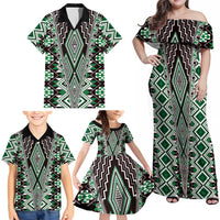 Green Aotearoa Tukutuku and Poutama Motif Family Matching Off Shoulder Maxi Dress and Hawaiian Shirt LT03 - Polynesian Pride