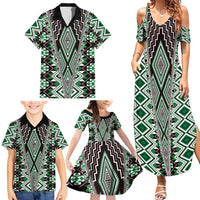 Green Aotearoa Tukutuku and Poutama Motif Family Matching Summer Maxi Dress and Hawaiian Shirt LT03 - Polynesian Pride