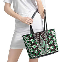 Green Aotearoa Tukutuku and Poutama Motif Leather Tote Bag