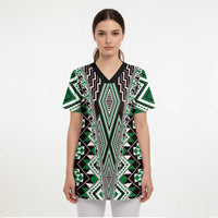 Green Aotearoa Tukutuku and Poutama Motif Scrub Top - Polynesian Pride