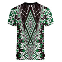Green Aotearoa Tukutuku and Poutama Motif Women V-Neck T-Shirt