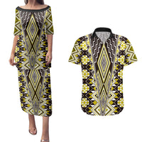 Yellow Aotearoa Tukutuku and Poutama Motif Couples Matching Puletasi and Hawaiian Shirt