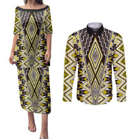 Yellow Aotearoa Tukutuku and Poutama Motif Couples Matching Puletasi and Long Sleeve Button Shirt LT03 Yellow - Polynesian Pride