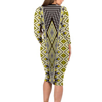 Yellow Aotearoa Tukutuku and Poutama Motif Family Matching Long Sleeve Bodycon Dress and Hawaiian Shirt LT03 - Polynesian Pride