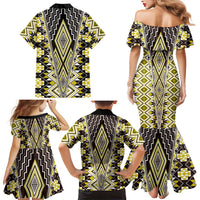 Yellow Aotearoa Tukutuku and Poutama Motif Family Matching Mermaid Dress and Hawaiian Shirt LT03 - Polynesian Pride