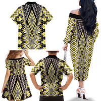 Yellow Aotearoa Tukutuku and Poutama Motif Family Matching Off The Shoulder Long Sleeve Dress and Hawaiian Shirt LT03 - Polynesian Pride