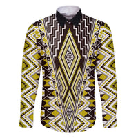 Yellow Aotearoa Tukutuku and Poutama Motif Family Matching Off The Shoulder Long Sleeve Dress and Hawaiian Shirt LT03 Dad's Shirt - Long Sleeve Yellow - Polynesian Pride