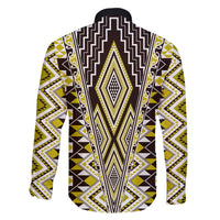 Yellow Aotearoa Tukutuku and Poutama Motif Family Matching Off The Shoulder Long Sleeve Dress and Hawaiian Shirt LT03 - Polynesian Pride