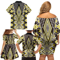 Yellow Aotearoa Tukutuku and Poutama Motif Family Matching Off Shoulder Short Dress and Hawaiian Shirt LT03 - Polynesian Pride