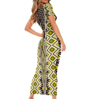 Yellow Aotearoa Tukutuku and Poutama Motif Family Matching Short Sleeve Bodycon Dress and Hawaiian Shirt LT03 - Polynesian Pride