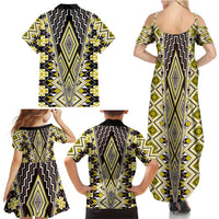 Yellow Aotearoa Tukutuku and Poutama Motif Family Matching Summer Maxi Dress and Hawaiian Shirt LT03 - Polynesian Pride