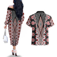 Red Aotearoa Tukutuku and Poutama Motif Couples Matching Off The Shoulder Long Sleeve Dress and Hawaiian Shirt LT03 - Polynesian Pride