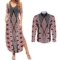 Red Aotearoa Tukutuku and Poutama Motif Couples Matching Summer Maxi Dress and Long Sleeve Button Shirt LT03 Red - Polynesian Pride
