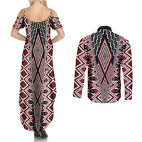 Red Aotearoa Tukutuku and Poutama Motif Couples Matching Summer Maxi Dress and Long Sleeve Button Shirt LT03 - Polynesian Pride