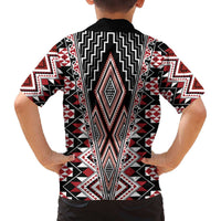 Red Aotearoa Tukutuku and Poutama Motif Family Matching Off The Shoulder Long Sleeve Dress and Hawaiian Shirt LT03 - Polynesian Pride
