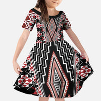 Red Aotearoa Tukutuku and Poutama Motif Family Matching Off The Shoulder Long Sleeve Dress and Hawaiian Shirt LT03 Daughter's Dress Red - Polynesian Pride