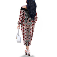 Red Aotearoa Tukutuku and Poutama Motif Family Matching Off The Shoulder Long Sleeve Dress and Hawaiian Shirt LT03 - Polynesian Pride