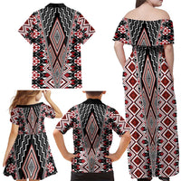 Red Aotearoa Tukutuku and Poutama Motif Family Matching Off Shoulder Maxi Dress and Hawaiian Shirt LT03 - Polynesian Pride