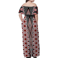 Red Aotearoa Tukutuku and Poutama Motif Family Matching Off Shoulder Maxi Dress and Hawaiian Shirt LT03 - Polynesian Pride