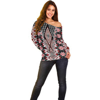 Red Aotearoa Tukutuku and Poutama Motif Off Shoulder Sweater