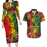 Hawaiian Reggae Couples Matching Long Sleeve Bodycon Dress and Hawaiian Shirt Tropical Plants and Tribal Kakau Tattoo-One Love Jawaiian LT03 Reggae - Polynesian Pride