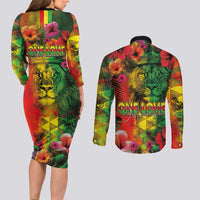Hawaiian Reggae Couples Matching Long Sleeve Bodycon Dress and Long Sleeve Button Shirt Tropical Plants and Tribal Kakau Tattoo-One Love Jawaiian LT03 - Polynesian Pride