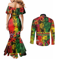 Hawaiian Reggae Couples Matching Mermaid Dress and Long Sleeve Button Shirt Tropical Plants and Tribal Kakau Tattoo-One Love Jawaiian LT03 - Polynesian Pride