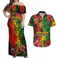 Hawaiian Reggae Couples Matching Off Shoulder Maxi Dress and Hawaiian Shirt Tropical Plants and Tribal Kakau Tattoo-One Love Jawaiian LT03 Reggae - Polynesian Pride
