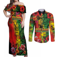 Hawaiian Reggae Couples Matching Off Shoulder Maxi Dress and Long Sleeve Button Shirt Tropical Plants and Tribal Kakau Tattoo-One Love Jawaiian LT03 Reggae - Polynesian Pride