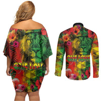 Hawaiian Reggae Couples Matching Off Shoulder Short Dress and Long Sleeve Button Shirt Tropical Plants and Tribal Kakau Tattoo-One Love Jawaiian LT03 - Polynesian Pride