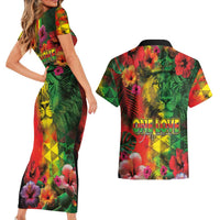 Hawaiian Reggae Couples Matching Short Sleeve Bodycon Dress and Hawaiian Shirt Tropical Plants and Tribal Kakau Tattoo-One Love Jawaiian LT03 - Polynesian Pride