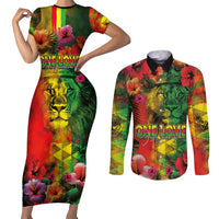 Hawaiian Reggae Couples Matching Short Sleeve Bodycon Dress and Long Sleeve Button Shirt Tropical Plants and Tribal Kakau Tattoo-One Love Jawaiian LT03 Reggae - Polynesian Pride