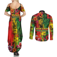 Hawaiian Reggae Couples Matching Summer Maxi Dress and Long Sleeve Button Shirt Tropical Plants and Tribal Kakau Tattoo-One Love Jawaiian LT03 - Polynesian Pride