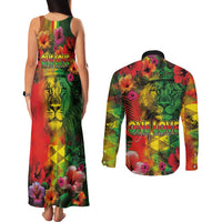 Hawaiian Reggae Couples Matching Tank Maxi Dress and Long Sleeve Button Shirt Tropical Plants and Tribal Kakau Tattoo-One Love Jawaiian LT03 - Polynesian Pride