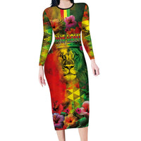 Hawaiian Reggae Family Matching Long Sleeve Bodycon Dress and Hawaiian Shirt Tropical Plants and Tribal Kakau Tattoo-One Love Jawaiian LT03 Mom's Dress Reggae - Polynesian Pride