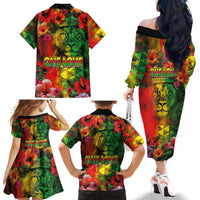 Hawaiian Reggae Family Matching Off The Shoulder Long Sleeve Dress and Hawaiian Shirt Tropical Plants and Tribal Kakau Tattoo-One Love Jawaiian LT03 - Polynesian Pride